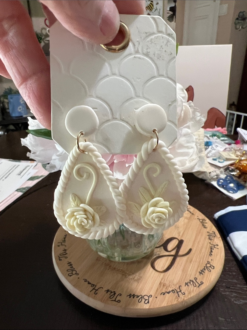 New Women's Cream Floral Teardrop Earrings - Rose Design